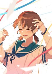 Rule 34 | 1girl, anniversary, blue neckerchief, blue sailor collar, blush, brown hair, closed eyes, confetti, highres, kantai collection, layered sleeves, long sleeves, low twintails, neckerchief, open mouth, sailor collar, school uniform, serafuku, shirayuki (kancolle), short twintails, simple background, solo, streamers, tanaka io (craftstudio), twintails, upper body, white background
