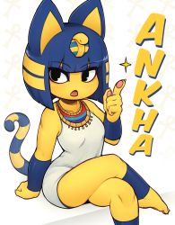 Rule 34 | 1girl, animal crossing, ankh, ankha (animal crossing), character name, crossed legs, d-floe, highres, nintendo, open mouth, solo, tagme, tail, white background