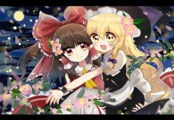Rule 34 | 2girls, :d, apron, bad id, bad pixiv id, blonde hair, blush, bow, brown hair, carrying, cheek-to-cheek, commentary, flower, glomp, hair bow, hair flower, hair ornament, hair ribbon, hair tubes, hakurei reimu, hand on another&#039;s ass, hat, heads together, hug, kirisame marisa, large bow, letterboxed, long hair, multiple girls, open mouth, outdoors, petals, princess carry, red eyes, ribbon, sidelocks, smile, szmex, touhou, tress ribbon, very long hair, waist apron, wavy hair, witch hat, yellow eyes, yuri