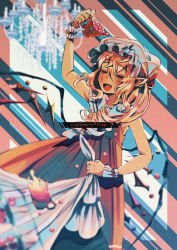Rule 34 | 1girl, adapted costume, aqua background, bare shoulders, blonde hair, blurry, blurry foreground, closed eyes, cranberry, culotte (hosenrock), cup, diagonal stripes, dress, fang, flandre scarlet, food, fruit, hair between eyes, hat, highres, holding, holding cup, medium hair, mob cap, multicolored background, multicolored wings, open mouth, pink background, red dress, sailor collar, sleeveless, sleeveless dress, solo, striped, striped background, touhou, tug, white hat, white sailor collar, wings, wrist cuffs