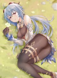 Rule 34 | 1girl, absurdres, ahoge, ass, atorie, bare shoulders, black pantyhose, blue hair, blush, bodysuit, breasts, detached sleeves, ganyu (genshin impact), genshin impact, gloves, grass, highres, horns, large breasts, leotard, long hair, looking at viewer, lying, on side, open mouth, pantyhose, parted lips, red eyes, shiny clothes, smile, solo, thighs, very long hair, waist cape