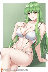 Rule 34 | 1girl, aslindsamure, bare shoulders, blush, border, bra, breasts, c.c., cleavage, code geass, collarbone, female focus, gradient background, green background, green hair, hand on own chest, highres, knee up, large breasts, long hair, looking at viewer, navel, open mouth, panties, patreon username, sitting, smile, solo, thighs, underwear, watermark, web address, white border, white bra, yellow eyes