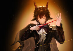 Rule 34 | 1boy, absurdres, animal ears, arknights, ascot, brown hair, cape, closed eyes, ebenholz (arknights), epaulettes, glint, goat boy, goat ears, goat horns, hand up, highres, holding, holding wand, horns, jacket, long sleeves, maboroshi hane, male focus, off shoulder, short hair, single epaulette, solo, sparkle, wand