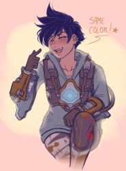 Rule 34 | 1girl, :d, blue hair, chest harness, collarbone, earrings, english text, gloves, graffiti tracer, harness, hood, hoodie, jewelry, murasaki-yuri, one eye closed, open mouth, overwatch, overwatch 1, paint, pointing, smile, solo, teeth, tracer (overwatch), vest