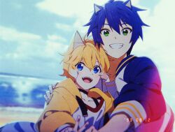 Rule 34 | 2boys, animal ears, banri 0917, beach, blonde hair, blue eyes, blue hair, blue jacket, blurry, blurry background, blush, child, fox boy, fox ears, green eyes, grin, hair between eyes, hand on another&#039;s shoulder, humanization, jacket, long sleeves, looking at viewer, male focus, multiple boys, open clothes, open jacket, open mouth, shirt, short hair, smile, sonic (series), sonic the hedgehog, tails (sonic), upper body, v, white shirt, yellow jacket