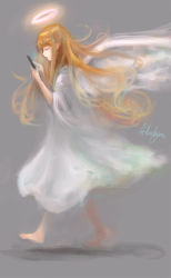 Rule 34 | 1girl, absurdres, angel, arise (allicenogalca), artist name, barefoot, blonde hair, blunt bangs, cellphone, closed eyes, closed mouth, commentary request, dress, from side, full body, grey background, halo, highres, holding, holding phone, long hair, original, phone, profile, signature, simple background, sketch, smartphone, smile, solo, very long hair, walking, white dress, white wings, wings