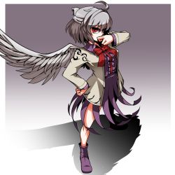 Rule 34 | 1girl, ahoge, bow, bowtie, covering own mouth, dress, feathered wings, folded ponytail, from side, full body, grey hair, grey wings, half updo, hand on own hip, jacket, kikoka (mizuumi), kishin sagume, long sleeves, looking at viewer, looking to the side, open clothes, open jacket, purple dress, purple footwear, red bow, red bowtie, red eyes, shadow, shoes, sideways glance, single wing, solo, standing, touhou, white jacket, wings