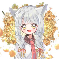 Rule 34 | 1girl, animal ears, bad id, bad twitter id, blunt bangs, blush, bow, braid, cat ears, character request, collared shirt, copyright request, eyes visible through hair, fang, flower, grey hair, hair bow, hair ribbon, long hair, looking at viewer, necktie, open mouth, orange ribbon, orange skirt, portrait, red necktie, ribbon, shirt, skirt, smile, solo, twin braids, upper body, white shirt, yalmyu, yellow eyes, yellow flower
