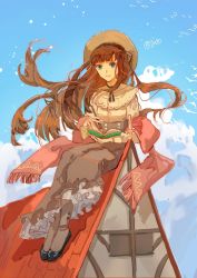 Rule 34 | 1girl, black footwear, black neckwear, blue eyes, book, brown hair, brown legwear, brown skirt, clear sky, cloud, fors wall, fyy2333, highres, holding, holding pencil, house, looking at viewer, lord of the mysteries, notebook, on roof, open book, pencil, rooftop, scarf, shirt, signature, sitting on roof, skirt, sky, smile, solo, wind, window, yellow shirt