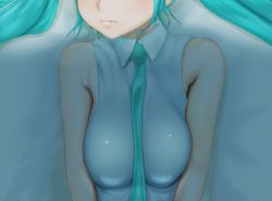 Rule 34 | 00s, 1girl, aqua hair, bare shoulders, between breasts, blush, breasts, close-up, closed mouth, hatsune miku, head out of frame, koba (furikake-p), long hair, lying, medium breasts, necktie, necktie between breasts, on back, solo, twintails, vocaloid