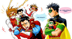 Rule 34 | 3boys, anisuki (briliant-19), bart allen, black hair, brown hair, cape, crossed arms, dc comics, doll, domino mask, dual persona, english text, engrish text, goggles, image sample, impulse, kon-el, male focus, mask, multiple boys, muscular, pixiv sample, ranguage, resized, robin (dc), s shield, superboy, tim drake, young justice