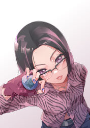 Rule 34 | 1girl, absurdres, animal print, animification, belt, black belt, black hair, blue pants, collarbone, collared shirt, fingerless gloves, glasses, gloves, gradient background, highres, holding, jewelry, jurin (xg), looking at viewer, momoju163, necklace, pants, parted lips, purple eyes, purple nails, purple shirt, real life, red gloves, shirt, short hair, solo, tamagotchi, xg (group), zebra print