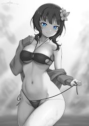 Rule 34 | 1girl, armpit crease, artist name, artist request, asaka karin, bare shoulders, bikini, blue eyes, blue hair, blush, breasts, cardigan, cleavage, closed mouth, commentary, commentary request, cowboy shot, dark blue hair, english commentary, female focus, flower, gradient background, grey background, greyscale, groin, hair flower, hair ornament, halterneck, hand on own shoulder, hand up, highres, long sleeves, looking at viewer, love live!, love live! nijigasaki high school idol club, medium breasts, medium hair, mole, mole on collarbone, monochrome, navel, off shoulder, open cardigan, open clothes, parted lips, short hair, side-tie bikini bottom, sidelocks, signature, sleeves past wrists, smile, solo, spot color, standing, stomach, string bikini, swimsuit, unsfrau, untied bikini, untying, water drop, wet, wet hair