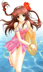Rule 34 | 1girl, armlet, bare legs, bare shoulders, bracelet, braid, breasts, brown hair, casual one-piece swimsuit, cleavage, collarbone, fingernails, flower, food, food-themed hair ornament, fruit, hair flower, hair ornament, hairband, hibiscus, highres, innertube, jewelry, kimizuka aoi, long fingernails, long hair, one-piece swimsuit, orange eyes, polka dot, polka dot swimsuit, running, sandals, sarong, scan, smile, solo, strawberry, strawberry hair ornament, swim ring, swimsuit, thigh gap, thighs, toes, twin braids, water