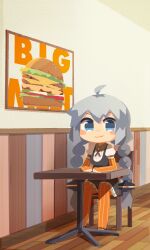 Rule 34 | 1girl, absurdres, ahoge, arms on table, black dress, black footwear, blue eyes, blush stickers, braid, burger, closed mouth, collared shirt, cross tie, dress, elbow gloves, english text, fingerless gloves, food, full body, gloves, grey hair, highres, indoors, kizuna akari, konohoshi, long hair, looking at viewer, low twin braids, on chair, orange gloves, orange pantyhose, pantyhose, pinafore dress, poster (object), puffy short sleeves, puffy sleeves, restaurant, ribbed shirt, shirt, shoes, short dress, short sleeves, sitting, sleeveless, sleeveless dress, smirk, smug, solo, table, twin braids, v-shaped eyebrows, very long hair, vocaloid, voiceroid, white shirt, wooden floor