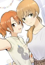 Rule 34 | 2girls, absurdres, artist name, brown hair, closed mouth, collarbone, commentary request, edamoto haru, green eyes, hand on another&#039;s waist, highres, long hair, multiple girls, nyamo, open mouth, orange eyes, orange hair, paper chain, partial commentary, pointing, pointing at self, ponytail, saeki sayaka, short sleeves, teeth, upper body, upper teeth only, yagate kimi ni naru, yagate kimi ni naru: saeki sayaka ni tsuite, yuri