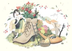 Rule 34 | 1girl, ankle boots, apron, basket, beige footwear, black hair, blush, boots, bucket, clothes pin, clothesline, collared shirt, commentary request, cross-laced footwear, flower, grass, high heels, holding, lace-up boots, ladder, laundry, laundry basket, leaf, leaning forward, long hair, long sleeves, looking away, mini person, minigirl, orange footwear, original, oversized object, plant, shirt, shoelaces, shoes, skirt, smile, solo, somemachi, standing, striped apron, striped clothes, twintails, vertical-striped apron, vertical-striped clothes, waist apron, washboard, washtub, yellow skirt
