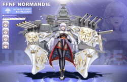 Rule 34 | 1girl, absurdres, artillery, azur lane, black footwear, blush, bodystocking, boots, breasts, clothing cutout, commentary, english commentary, fleur-de-lis, french flag, full body, gloves, gold, highres, iris libre (emblem), large breasts, long hair, looking at viewer, metal gloves, musanix, normandie (battleship), open mouth, original, personification, rigging, solo, thigh boots, turret, underboob, underboob cutout, very long hair, white gloves, white hair