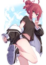 Rule 34 | 1girl, absurdres, ahoge, ass, bare legs, black footwear, black jacket, black shorts, blue archive, breasts, finger to mouth, hair bun, halo, highres, jacket, jacket partially removed, kimhiro, looking at viewer, looking down, maki (blue archive), midriff, red eyes, shoes, short shorts, shorts, sidelocks, single hair bun, small breasts, sneakers, solo, standing, standing on one leg, sweatdrop