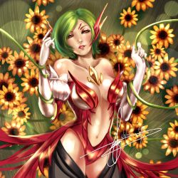 Rule 34 | 1girl, alternate hairstyle, bare shoulders, black thighhighs, bob cut, breasts, center opening, collarbone, cosplay, ear covers, elbow gloves, female focus, flower, gem, gloves, green hair, hannah santos, highres, kazami yuuka, large breasts, league of legends, m/, navel, plant, red eyes, short hair, solo, sunflower, thighhighs, touhou, vines, white gloves, zyra, zyra (cosplay)