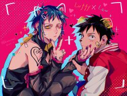 Rule 34 | 1boy, 1girl, bandaid, bandaid on face, bandaid on hand, black hair, breasts, closed mouth, commentary request, couple, demorzel, detached sleeves, drawn ears, drawn whiskers, facial scar, genderswap, genderswap (mtf), hair ornament, hairclip, hand on another&#039;s face, hand tattoo, heart, hetero, highres, holding another&#039;s wrist, jacket, looking at viewer, medium breasts, monkey d. luffy, one piece, pants, pink nails, purple nails, scar, scar on cheek, scar on face, short hair, shoulder tattoo, smile, sparkle, squatting, sticker, tattoo, trafalgar law, yellow eyes