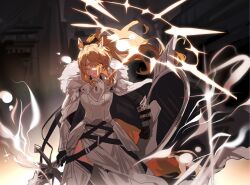 Rule 34 | 1girl, animal ears, arknights, armor, black gloves, black thighhighs, blemishine (arknights), blonde hair, cape, coat, dress, frown, fur-trimmed cape, fur trim, gauntlets, gloves, gradient background, greaves, grey background, highres, holding, holding shield, holding sword, holding weapon, horse ears, horse tail, indoors, lens flare, long hair, looking at viewer, ma (xxxx-xl), magic, shield, side slit, solo, sword, tail, thighhighs, weapon, white coat, white dress, yellow blood, yellow eyes