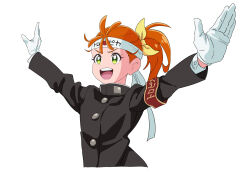 Rule 34 | 1girl, armband, black jacket, gakuran, gloves, green eyes, gya-tei, hair pulled back, hair ribbon, headband, high collar, highres, jacket, looking to the side, medium hair, natsuumi manatsu, open mouth, orange hair, ouendan, outstretched arms, precure, ribbon, school uniform, side ponytail, simple background, smile, solo, spread arms, standing, tropical-rouge! precure, white background, white gloves, white headband, yellow ribbon