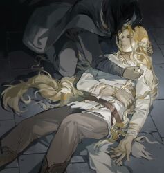 Rule 34 | 2boys, belt, beren, black hair, blonde hair, brown belt, brown pants, cape, chinese commentary, closed eyes, commentary, death, finrod, grey cape, highres, long hair, lying, male focus, multiple boys, on back, pants, pointy ears, shirt, the silmarillion, tolkien&#039;s legendarium, tolkien's legendarium, torn clothes, very long hair, white shirt, yi tiao zhi xian chong