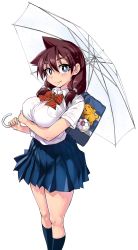 Rule 34 | 1girl, absurdres, amano megumi, amano megumi wa suki darake!, backpack, bag, black legwear, blue eyes, blue skirt, breast pocket, breasts, bright pupils, brown hair, feet out of frame, highres, holding, holding umbrella, large breasts, long hair, looking at viewer, nekoguchi, official art, pleated skirt, pocket, shirt tucked in, short sleeves, simple background, skirt, smile, solo, stuffed animal, stuffed toy, twintails, umbrella, white background