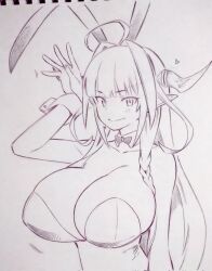 Rule 34 | 1girl, ahoge, animal ears, blush, bow, bowtie, braid, breasts, cleavage, closed mouth, corrupted twitter file, detached collar, dragon girl, dragon horns, hand up, highres, hololive, horns, huge breasts, kiryu coco, leotard, long hair, looking at viewer, monochrome, playboy bunny, pointy ears, rabbit ears, single braid, smile, solo, traditional media, tsukareta san, upper body, virtual youtuber