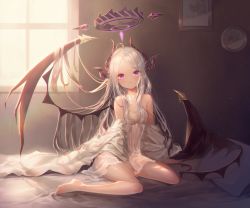 Rule 34 | 1girl, bare shoulders, barefoot, black wings, blue archive, closed mouth, commentary request, curled horns, day, dress, halo, highres, hina (blue archive), horns, indoors, long hair, looking at viewer, multiple horns, nishiki koi, on bed, parted bangs, pillow, purple eyes, revision, silver hair, sitting, sleeveless, sleeveless dress, smile, solo, strap slip, sunlight, very long hair, wariza, white dress, window, wings