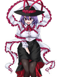 Rule 34 | 1girl, :d, absurdres, black hat, black pantyhose, black skirt, bow, breasts, commentary request, fang, feet out of frame, frilled shawl, frilled shirt collar, frills, hair between eyes, hat, hat bow, highres, large breasts, long sleeves, looking at viewer, miniskirt, nagae iku, open mouth, pantyhose, purple hair, red bow, red eyes, red neckwear, revision, rihito (usazukin), shawl, shirt, short hair, simple background, skirt, smile, solo, standing, touhou, white background, white shirt