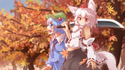 Rule 34 | 2girls, animal ears, autumn, autumn leaves, bad id, bad pixiv id, blue eyes, blue hair, blush, collaboration, cue (lindwrum), detached sleeves, hair bobbles, hair ornament, hat, highres, inubashiri momiji, kawashiro nitori, key, leaf, looking at viewer, midriff, multiple girls, nature, navel, open mouth, over shoulder, pom pom (clothes), red eyes, ribbon-trimmed sleeves, ribbon trim, short hair, silver hair, skirt, smile, sword, tail, tokin hat, touhou, tree, twintails, two side up, weapon, weapon over shoulder, wolf ears, wolf tail