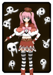 Rule 34 | 1girl, boots, capelet, crown, female focus, flat chest, ghost, hand on own hip, heart, hip focus, issen, one piece, pantyhose, perona, pink hair, red footwear, shoes, skirt, solo, standing, striped clothes, striped pantyhose, thighhighs, thriller bark, twintails