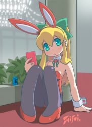 Rule 34 | animal ears, arm support, artist name, bare arms, bare shoulders, black pantyhose, blonde hair, blush, bow, breasts, cellphone, collarbone, detached collar, energy tank, fake animal ears, green bow, green eyes, green ribbon, hair between eyes, hair bow, heart, high heels, holding, holding phone, legs, leotard, looking at viewer, mega man (classic), mega man (series), neck ribbon, on floor, pantyhose, phone, plant, playboy bunny, ponytail, pout, rabbit ears, red footwear, red leotard, ribbon, roll (mega man), shisui, side-tie leotard, sidelocks, sitting, small breasts, solo, thighs