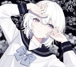 1girl black_sailor_collar bow bowtie breast_pocket double-parted_bangs flower grey_bow grey_bowtie hair_between_eyes hand_on_own_head long_sleeves looking_at_viewer lying on_back original parted_lips pocket purple_eyes sailor_collar school_uniform shigure_ui shirt short_hair solo white_flower white_hair white_shirt