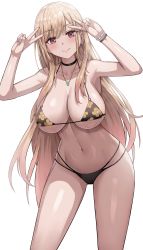 Rule 34 | 1girl, absurdres, arms up, bikini, black bikini, blonde hair, bracelet, breasts, cleavage, closed mouth, commentary request, double v, ear piercing, earrings, floral print, halterneck, highres, jasony, jewelry, kitagawa marin, large breasts, long hair, looking at viewer, nail polish, navel, necklace, piercing, pink nails, print bikini, red eyes, ring, simple background, smile, solo, sono bisque doll wa koi wo suru, standing, stomach, swimsuit, v, very long hair