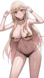 1girl absurdres arms_up bikini black_bikini blonde_hair bracelet breasts cleavage closed_mouth commentary_request double_v ear_piercing earrings floral_print halterneck highres jasony jewelry kitagawa_marin large_breasts long_hair looking_at_viewer nail_polish navel necklace piercing pink_nails print_bikini red_eyes ring simple_background smile solo sono_bisque_doll_wa_koi_wo_suru standing stomach swimsuit v very_long_hair