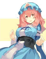 Rule 34 | 1girl, arm garter, black sash, blue headwear, blue ribbon, breasts, center frills, commentary request, cowboy shot, falken (yutozin), flying sweatdrops, frills, hair between eyes, head tilt, highres, large breasts, long hair, long sleeves, looking at viewer, neck ribbon, one-hour drawing challenge, open mouth, pink hair, red eyes, ribbon, ribbon-trimmed collar, ribbon trim, saigyouji yuyuko, sash, solo, touhou, triangular headpiece, two-tone background, white background, wide sleeves, yellow background