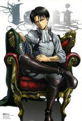 Rule 34 | 1boy, absurdres, animage, armchair, artist name, black hair, boots, chair, character name, copyright name, highres, levi (shingeki no kyojin), male focus, official art, red upholstery, scan, shingeki no kyojin, short hair, simple background, sitting, solo, tomita megumi