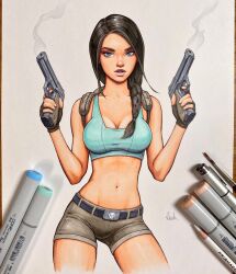 Rule 34 | 1girl, art tools in frame, black hair, blue eyes, blue sports bra, braid, breasts, brown shorts, cleavage, commentary, cropped legs, dual wielding, english commentary, gun, hair over shoulder, handgun, highres, holding, holding gun, holding weapon, lara croft, marker (medium), medium breasts, navel, parted lips, photo (medium), pink lips, shorts, signature, single braid, smoke, solo, sports bra, tomb raider, traditional media, weapon, will jack