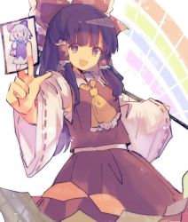 Rule 34 | 1girl, :d, ascot, between fingers, bow, breasts, brown eyes, brown hair, card, cirno, commentary request, cowboy shot, detached sleeves, foreshortening, frilled hair tubes, frills, gohei, hair bow, hair tubes, hakurei reimu, holding, holding card, holding stick, kujikimi, long hair, open mouth, red bow, red skirt, red vest, ribbon-trimmed sleeves, ribbon trim, sarashi, sidelocks, simple background, skirt, skirt set, small breasts, smile, solo, standing, stick, touhou, unconnected marketeers, v-shaped eyebrows, vest, white background, wide sleeves, yellow ascot
