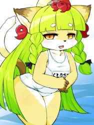 Rule 34 | 1girl, animal ears, animal nose, blush, body fur, cat, cat ears, cat girl, cat tail, cowboy shot, fang, fullbokko heroes, furry, furry female, green hair, highres, kushinada (fullbokko heroes), leaning forward, long hair, looking at viewer, one-piece swimsuit, open mouth, school swimsuit, solo, swimsuit, tail, takeshi-kemo, two-tone fur, white fur, white one-piece swimsuit, white school swimsuit, yellow eyes, yellow fur