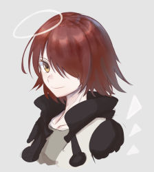 Rule 34 | 1girl, arknights, brown eyes, commentary request, cropped torso, exusiai (arknights), grey background, grey shirt, hair over one eye, halo, highres, jacket, karashino, looking at viewer, open clothes, open jacket, red hair, shirt, short hair, simple background, smile, solo, upper body