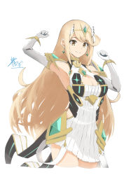 Rule 34 | 1girl, absurdres, aotsuba, bare legs, bare shoulders, blonde hair, breasts, chest jewel, cleavage, cleavage cutout, clothing cutout, dress, earrings, elbow gloves, gloves, highres, jewelry, large breasts, long hair, mythra (xenoblade), short dress, solo, swept bangs, tiara, very long hair, white dress, white gloves, xenoblade chronicles (series), xenoblade chronicles 2, yellow eyes