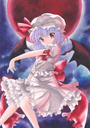 Rule 34 | 1girl, acrylic paint (medium), bad id, bad pixiv id, bat wings, blue hair, bow, dress, frilled dress, frills, full moon, hat, hat bow, highres, looking at viewer, mob cap, moon, night, painting (medium), pom77, red eyes, red moon, remilia scarlet, short hair, short sleeves, solo, touhou, traditional media, white dress, wings