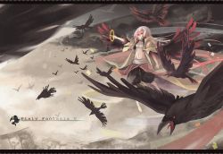 Rule 34 | 1girl, bandages, barefoot, bird, breasts, cleavage, crow, hood, hooded jacket, hoodie, jacket, letterboxed, long hair, midriff, navel, pants, pixiv fantasia, pixiv fantasia 5, pointing, red eyes, sarashi, silver hair, small breasts, solo, tears, very long hair, wings, zhao shuwen