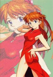 Rule 34 | 1girl, ass, blue eyes, breasts, brown hair, china dress, chinese clothes, dress, grey background, hair ornament, hand on own hip, interface headset, long hair, looking at viewer, medium breasts, neon genesis evangelion, parted lips, red dress, sadamoto yoshiyuki, sleeveless, sleeveless dress, source request, souryuu asuka langley, standing, teeth