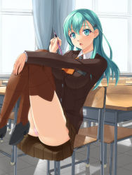 Rule 34 | 10s, 1girl, :o, aqua eyes, aqua hair, ass, breasts, buttons, chair, desk, hair ornament, hairclip, hobenkei, holding, kantai collection, knees to chest, large breasts, long hair, long sleeves, necktie, open mouth, panties, pantyshot, pencil, school, school desk, school uniform, shoes, sitting, skirt, solo, suzuya (kancolle), thighhighs, thighs, underwear, window