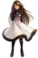 Rule 34 | 1girl, 5pb., agnes oblige, bad id, bad pixiv id, boots, bravely default: flying fairy, bravely default (series), brown eyes, brown hair, cape, dress, elbow gloves, full body, gloves, hairband, knee boots, konatsu (tomatica), konatsunona, long hair, long sleeves, puffy sleeves, simple background, skirt, solo, standing, white background
